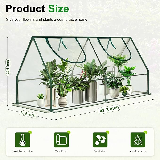 Mini Greenhouse, Portable 4x2x2ft Greenhouses for Outdoors Indoors Plants, Tabletop Small Green House with Roll-up Zipper Windows, Thickened PVC Cover for Outside