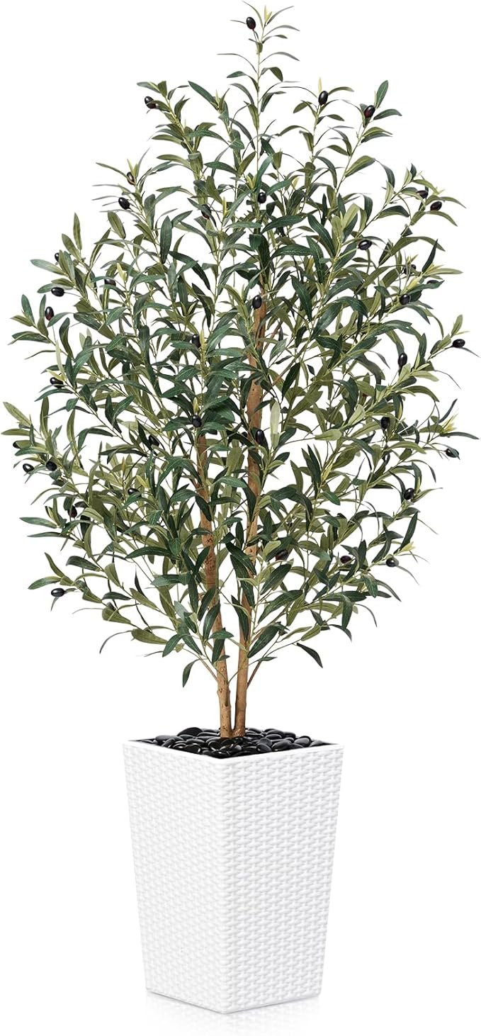 OAKRED Artificial Olive Tree 5FT Faux Olive Tree - Adjustable Branches UV Resistant with White Taper Planter and Pebbles - Faux Plants Indoor for Living Room, Office Decor and Bedroom