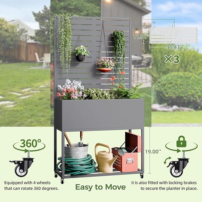 Metal Planter Box with Trellis,67" H x35 W Raised Garden Beds with Privacy Screen for Climbing Plants Flower, Elevated Standing Planter Garden Bed with Drainage Holes for Outdoor Patio,Grey