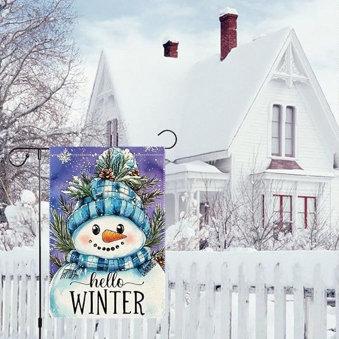 Hello Winter Snowman Garden Flag 12x18 Inch Double Sided Burlap Holiday Yard Decoration with Blue Knit Hat and Scarf Pinecone Snowflakes Outdoor Welcome Banner