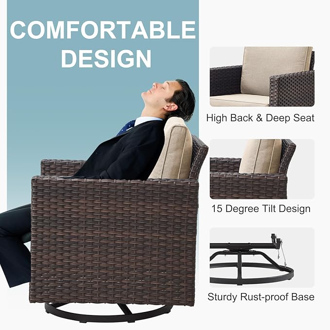 Belord Wicker Patio Furniture 5 Piece Outdoor Sofa Set, Oversize Outdoor Swivel Rocker Chairs with Rattan Ottomans, Conversation Sets Patio Furniture Come with Removable Cushion Beige, Anti-Rust Frame