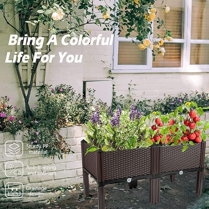 Souwuokoo Raised Garden Bed with Legs Plastic Elevated Planters for Outdoor Plants Box Kits for Garden Patio Deck Balcony with Drainage Holes to Planting Flowers,Vegetables,Tomato and Herbs