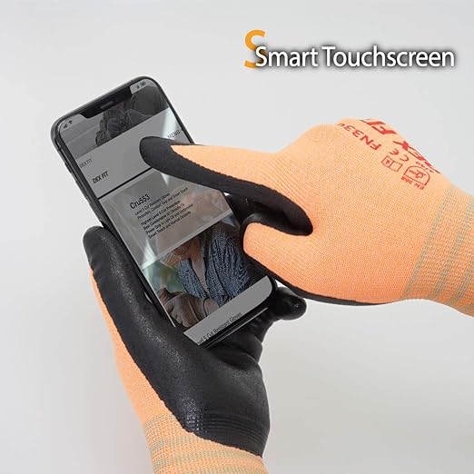 DEX FIT Nitrile Work Gloves FN330, 1 Pair, 3D-Comfort Stretchy Fit, Firm Grip, Thin & Lightweight, Touch-Screen Compatible, Durable, Breathable & Cool, Machine Washable; Orange M (8)