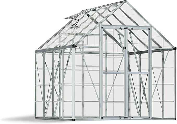 Palram - Canopia Snap & Grow 8 Ft. x 8 Ft. Greenhouse Kit Hobby DIY Walk in Green House Heavy Duty Polycarbonate, Aluminium Frame, with Lockable Door and Vent for Outdoors, Garden, Backyard in Silver