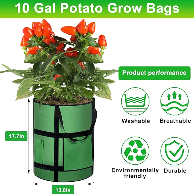 MEKOLIFE 4-Pack 10 Gallon Grow Bags with Window to Harvest - Potato Grow Bags with Flap and Handles - Thickened Fabric Pots - Large Grow Bags - Tomato Garden Vegetables Grow Bags