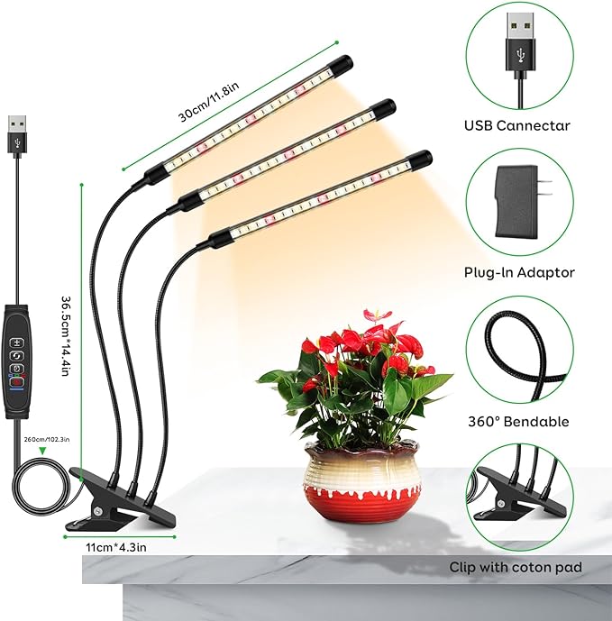 LPMZMBL Full Spectrum LED Grow Light for Indoor Plants, 3Heads Grow Lights for Seed Starting, 10 Dimmable Levels & 3 Timer Modes (3/9/12H), Adjustable 360° Gooseneck with Clip, Plant Grow Light 2 Pack