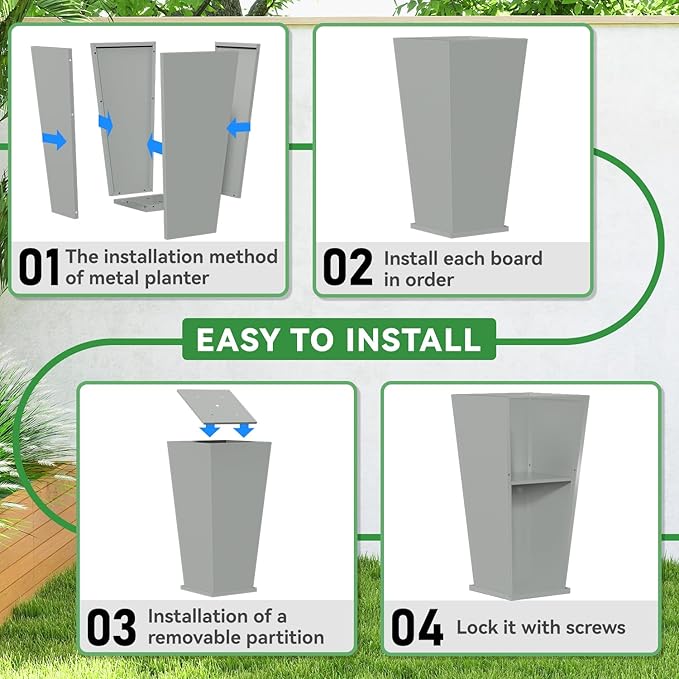 POOAMY Metal Planter 2 Pack, 15L x 15W x 30H, Heavy Duty Tall Planters for Outdoor Plants, Planters with Removable Insert Shelf, Large Planters with Drainage Holes for Porch, Patio, Grey