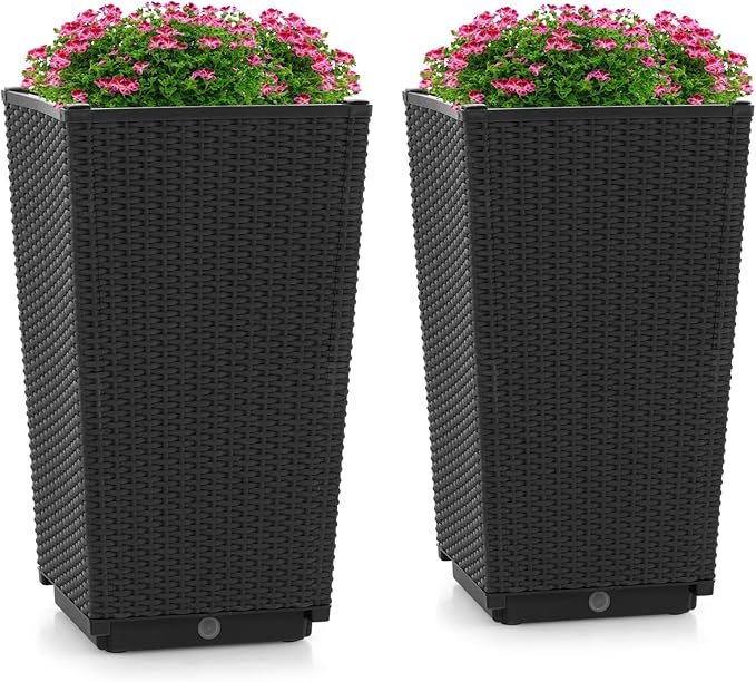 Giantex Outdoor Wicker Flower Pot Set of 2, 22.5 Inch Tall Planters with Drainage Hole, Self-Watering Tray, Rattan Flower Pots, Indoor Outdoor Planter for Porch Door Front Balcony Entryway (Black)