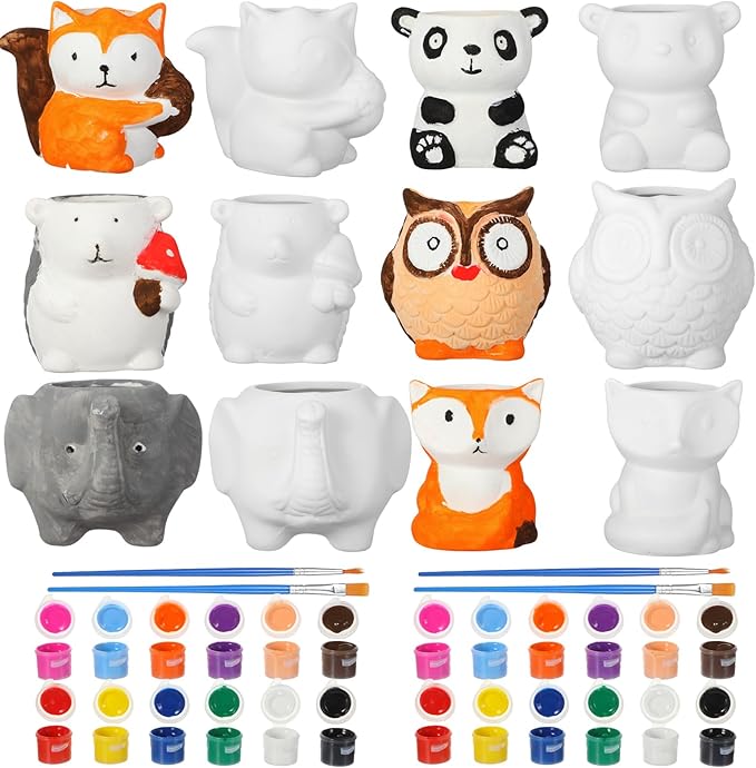 Sunnychicc 6 Sets Christmas DIY Ceramic Animal Succulent Pots Figurines Unpainted Ceramic Bisque Paintable Animal Flowerpots with Drainage Hole Ready to Paint for Kids Classroom Craft Project