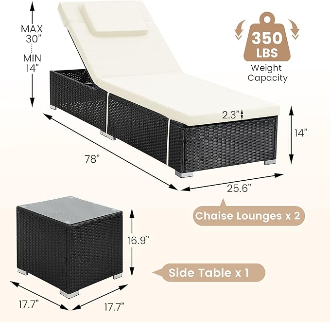 Outdoor Chaise Lounge Chairs, All-Weather Wicker Pool Lounge Chair Set of 2 with Side Table, Adjustable Backrest & Washable Cushions for Patio, Poolside, Beach, White