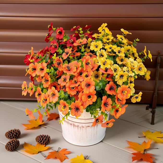 BCBLF Artificial Flowers for Outdoors, Faux Flowers for Outdoor Planters, 12 Bundles Realistic Silk Flower Faux Fake Plants for Porch Patio Yard Planters, Home Decor, Yellow + Orange + Red