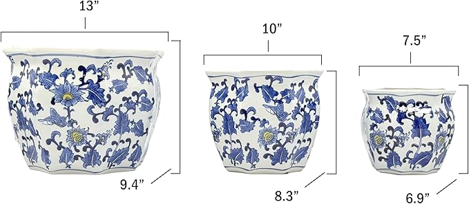 Galt International Blue & White w/Yellow Accent Round Fluted Floral Porcelain Ceramic Plant Flower Planter Pot Set of 3 (7.5", 10", 13") Garden Pots Chinese Asian Design