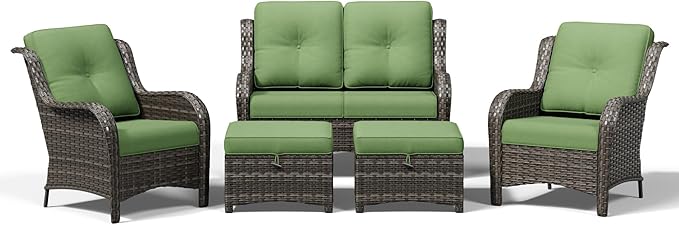 Joyside 5 Piece Wicker Patio Furniture Set, Rattan Patio Chairs with High Back, Deep Seating, Wide Armrest, Thickened Cushions, Outdoor Furniture for Deck, Porch Use