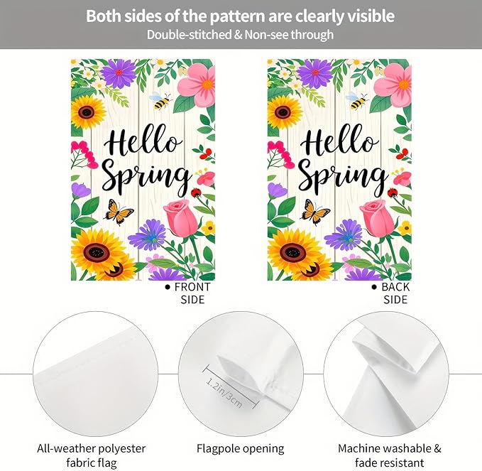 Hello Spring Garden Flag 12x18 Inch Floral Welcome Garden Flag Spring Yard Banner for Outdoor Porch Patio Lawn Springtime Farmhouse Outdoor Decor Seasonal Garden Flags