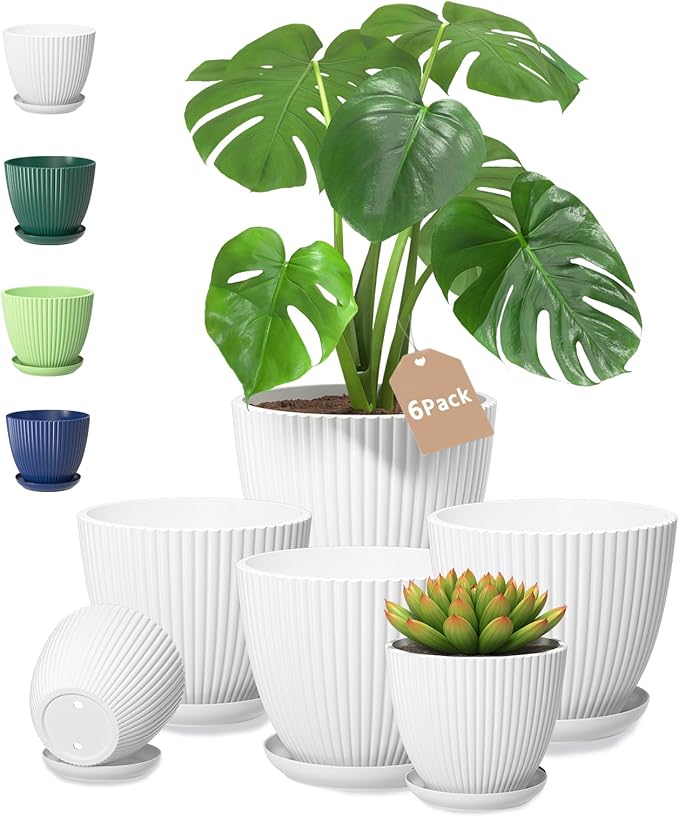 LASZOLA White Plant Pot Plastic Planter with Drainage Holes and Saucer Tray for Indoor Flower, Medium to Small 7.5/6.5/5.5/4.9/4.2/3.5 Inch, Modern House Decorative Gardening Round Pot, Set of 6