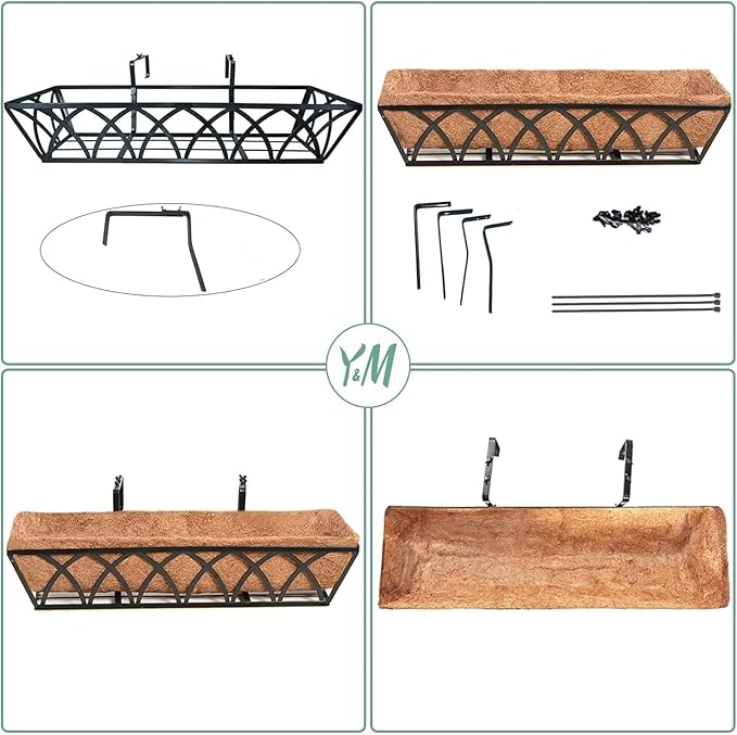 Y&M 24 Inch Fence Metal Hanging Flower Planter Window Basket Deck Railing Planter Boxes for Outdoor Garden Lawn， Window Deck with Coco Liner,6pcs