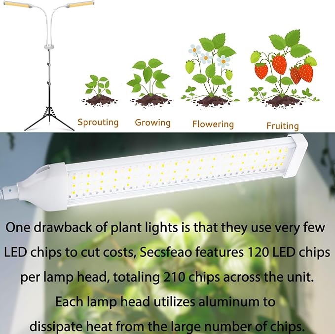 Secefeao Grow Lights for Indoor Plants Full Spectrum, LED Plant Light with Stand, Adjustable Height, Plant Grow Lights with Auto 4/8/12/H Timer for Indoor Tall Plants(210 LEDs-White)