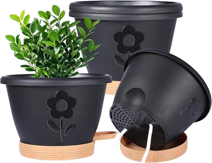 XMPBFYH Plant Pots, Flower Pots for Indoor/Outdoor Plants, Self Watering Plastic Planters Pots with Drainage Holes, Saucer & Reservoir, Decorative Nursery Planting Pots(10 Inch Set of 4) (Black)
