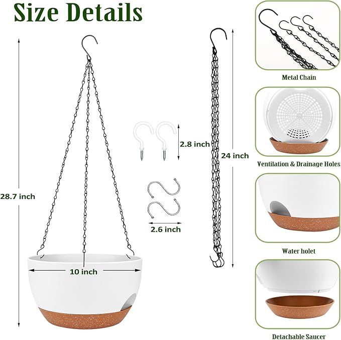 Lucieblessdesign Hanging Planters for Outdoor Indoor Plants, 2 Pack 10 Inch Hanging Basket Plants Outdoor, Self Watering Hanging Planter with Plant Hanger for Garden Home Decoration (White, 10 inch)
