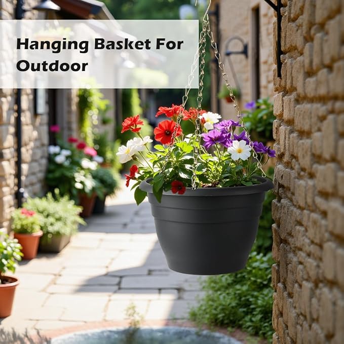 RooTrimmer Hanging Planters 10 Inch, 4 Pcs Flower Pots with Drainage Hole, Self Watering Hanging Basket for Indoor Outdoor Plants, Decor, Gray