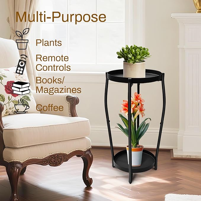 Uniqcovosa Plant Stand Indoor, 2 Tier Tall Plant Stands, 4-Leg Metal Flower Stand, Heavy Duty Plant Shelf Plant Rack Flower Stands for Living Room, Black