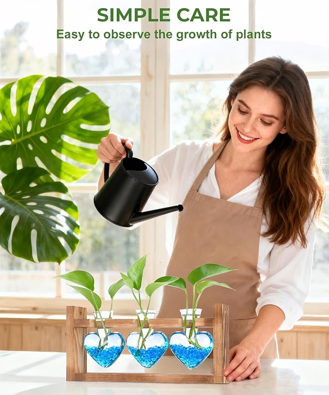 Nacome Plant Terrarium Propagation Stations: Valentines Day Gifts for Her Plant Lovers Women Mom Wife Daughter - 3 Bulb Glass Vase with Wooden Stand Tabletop for Hydroponics Indoor Office Home Decor