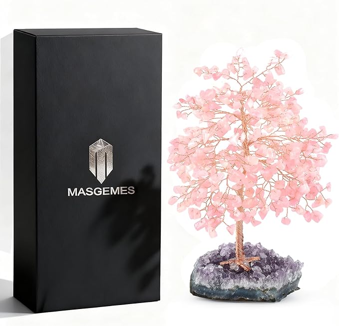 MASGEMES Gemstone Crystal Tree of Life,Natural Rose Quartz(406 Stones Count) with Amethyst Cluster Base,Chakra Positive Energy Feng Shui Decor Bonsai Money Tree,Birthday Gift 8.5''-9''