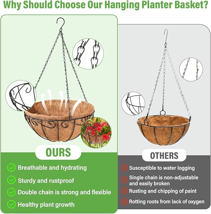 Legigo 2 Pack 14 Inch Hanging Baskets Planters for Outdoor Plants- Metal Round Hanging Baskets with Coconut Coir Liner, Wire Hanging Flower Pots for Outside Garden Porch Decorations