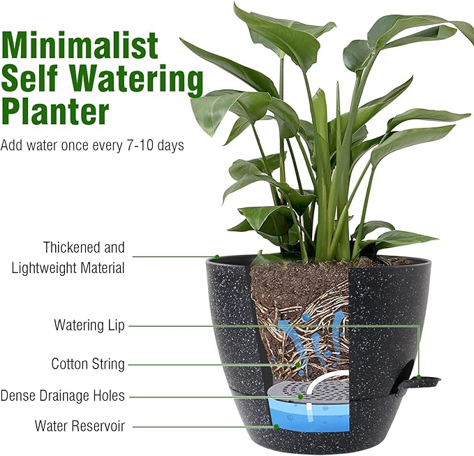 WSMKSZ 12/10/9 inch Large Self Watering Pots, Planter, Plant Pots with Mesh Drainage Holes for Indoor Outdoor Garden Plants, Plastic Flower Pots with Removable Deep Reservoir, Speckled Black
