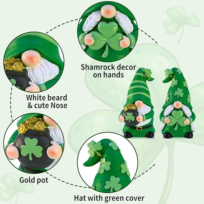 St Patricks Day Decorations Gnomes, 2 Pack Handcrafted Irish Gnomes Lucky Leprechaun Figurines, Shamrock Decor for Table Tiered Tray Shelf
