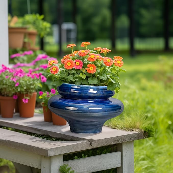 Teagas Ceramic Pots for Plants - 11 Inch Ceramic Planter for Indoor Outdoor, Unique Planters with Drainage Hole, Decorative Flower Pot, House Office Garden Decor, Plants Lover Gifts, Blue