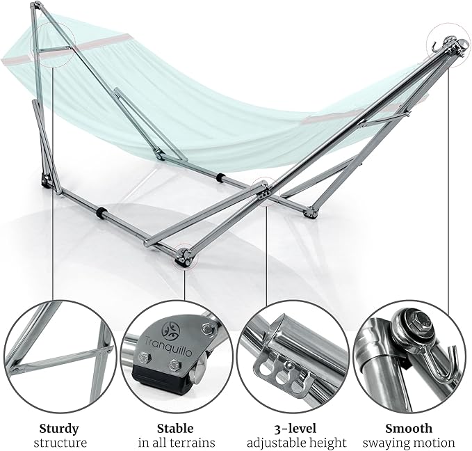 Tranquillo Adjustable Collapsible Hammock with Stand – Picnic Hammock Stand and 2 Layered Polyester Hammock Net for 2 Persons with Carry Bag, Sky