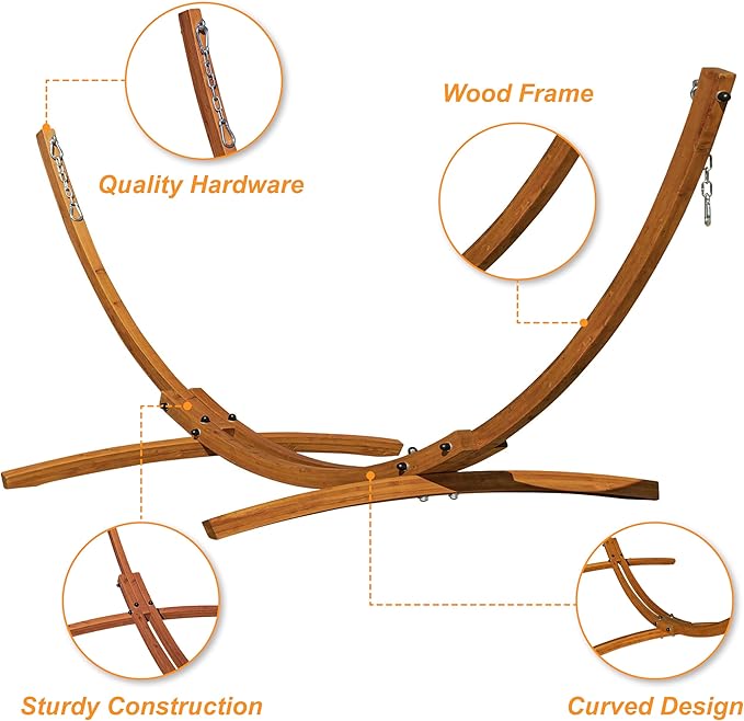 Lazy Daze Hammocks Cotton Fabric Spreader Bar Hammock and 10.5 Ft Wood Arc Hammock Stand Combo, for Outdoor, Indoor, Patio, Backyard, Blue and Yellow