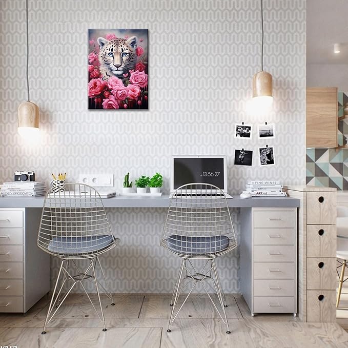 FUNHUA Rose Leopard Wall Art Wildlife Animal Poster Pink Rose Teens Little Girls Women BedroomLittle Girls Room Nursery Toddler Wall Art Framed Artwork for Modern Living Room Bedroom Bathroom 12x16inches