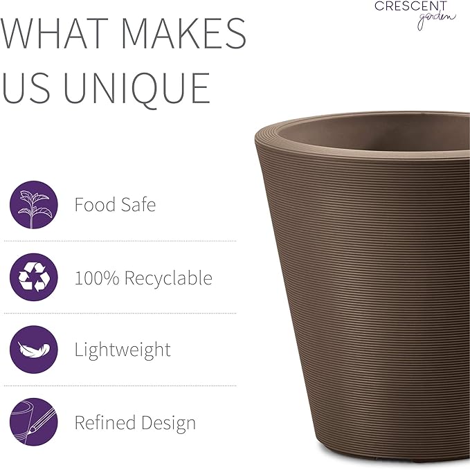 Crescent Garden Madison Planter– Weather-Resistant, Double Walled Indoor/Outdoor Plant Pot with Drain Hole – Durable All-Season Flower Container, 14" W (Bark)
