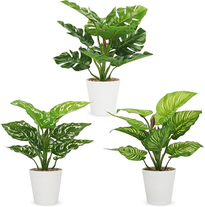 HNCSDD 11.8 Inch 3 Pcs Small Fake Plants Artificial Potted Plant Indoor Faux Tropical Plant for Home Office Table Shelf Desktop Décor