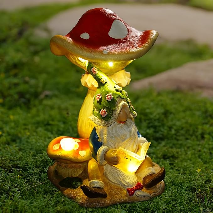 Solar Garden Outdoor Statues Gnome Reading Under Mushroom with 5 LED Lawn Decor Outside Decorations for Patio, Balcony, Yard Ornament Unique Garden Gift