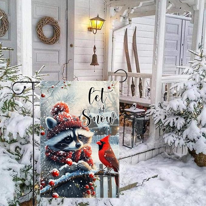 Winter Gardening Flag 12x18 inch Double-sided Cotton Fabric Garden Flag, Cute Red-Haired Bear Bird Snow Scene Outdoor Decor Flags, Christmas Winter Seasonal Welcome Flag