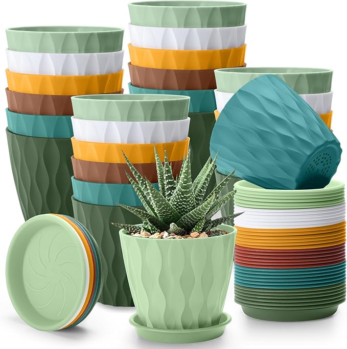 Acellegic 24 Pack 4 Inch Small Pots for Succulents, Waffle Texture Pots with Tray, Plastic Planter with Drainage Holes and Saucers, for Indoor Outdoor Plants Flowers, Seedlings (Multiple Colors)