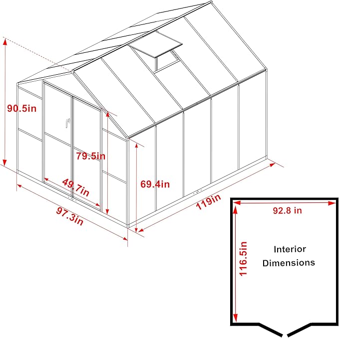 8x10 FT Outdoor Aluminum Greenhouse Kit, Polycarbonate Aluminum Walk-in Greenhouse with Adjustable Roof Vent and Lockable Door, Backyard Garden in Winter, Gray