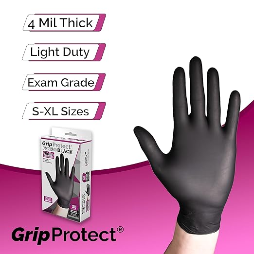 GripProtect® Precise Black Nitrile Gloves | Exam | 4 Mil | Chemo-Rated | Food, Home, Hospital, Law Enforcement, Tattoo | (Small, 50)