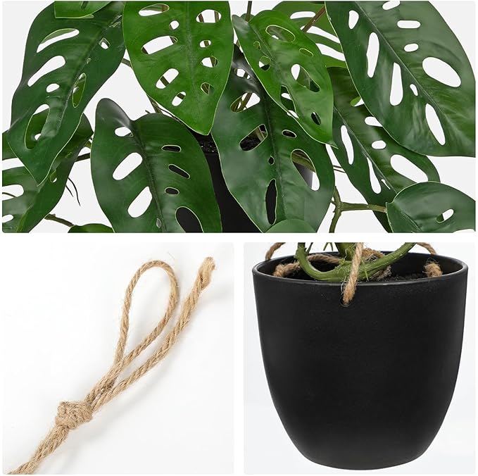 Fake Hanging Plant in Black Pot Artificial Philodendron Plant Faux Greenery Leaves for Wall Bedroom Office Desk Bathroom Indoor Outdoor Home Decor