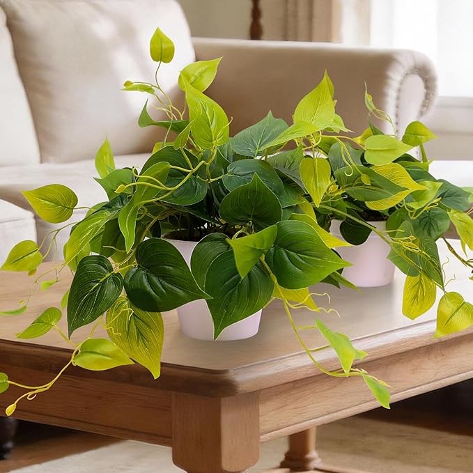 alyptus Fake Pothos Hanging Plants – 33" Set of 2 Faux Ivy Vines Realistic Silk Devil’s Ivy for Indoor Décor, Low Maintenance Artificial Greenery for Home Bathroom or Office - Green with White Pots