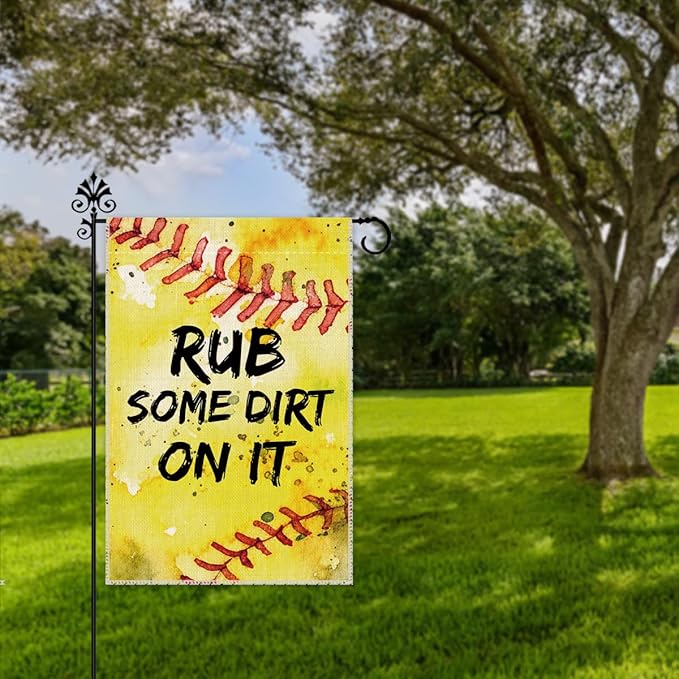 Hafhue RUB Some Dirt On It Garden Flag, 12 x 18 Inch Double Sided Farmhouse Holiday Yard Garden Lawn Decoration Flag, Spring Softball Garden Yard Flag, Baseball Flag Gift for Baseball Lover