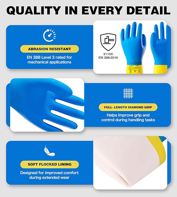 2 Pairs Neoprene and Rubber Blend Heavy-Duty Chemical Gloves, Protective industrial gloves for Resist Acid, Alkali, Hazmat, cleaning, dishwashing, Large