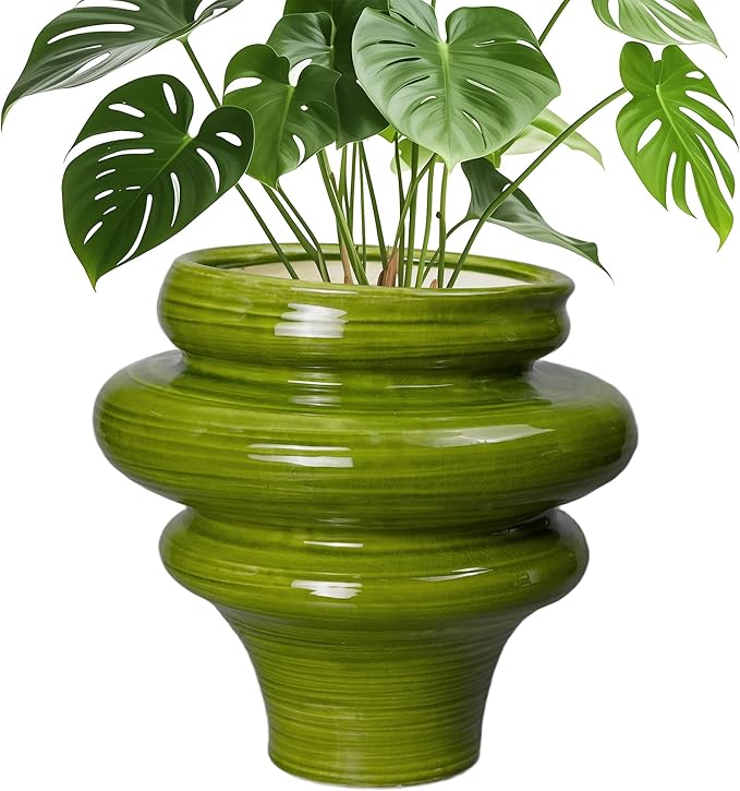 Teagas Ceramic Pot for Plants 11 Inch - Plant Pot for Indoor Outdoor, Decorative Bonsai Planter with Drainage Hole, Flower Pots for Office, Gift for Men Women, Green