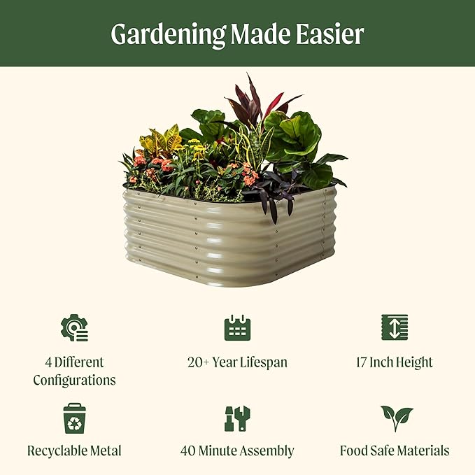 Vego garden Raised Garden Bed Kit, 17" Tall 4 in 1 Modular Metal Raised Garden Beds Kit, Metal Planter Box for Vegetables, Flowers, Herbs, Olive Green
