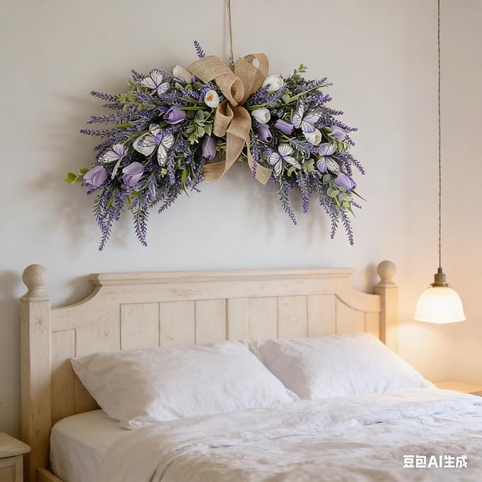 Valentine's Day Artificial Heart Shaped Teardrop Swag Wreaths Spring Summer Fake Flower Wreath for Gifts Festival Front Door Window Wall Decor (1, Purple Tulips)
