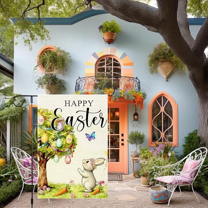 Happy Easter Garden Flag 12x18 Inch Double Sided Burlap Easter Watercolor Egg Tree Bunny Carrots Butterfly Outdoor Decor for Yard Patio Spring Easter Decor