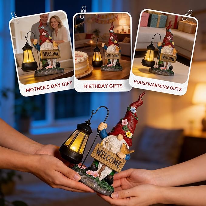 Garden Decor Gnomes Outdoor Statue with Solar Lights-Solar Garden Gnomes Decorations for Patio Lawn Yard Balcony with Lantern,Welcome Sign with Butterfly Flower, Birthday Gifts for Women Mom Grandma